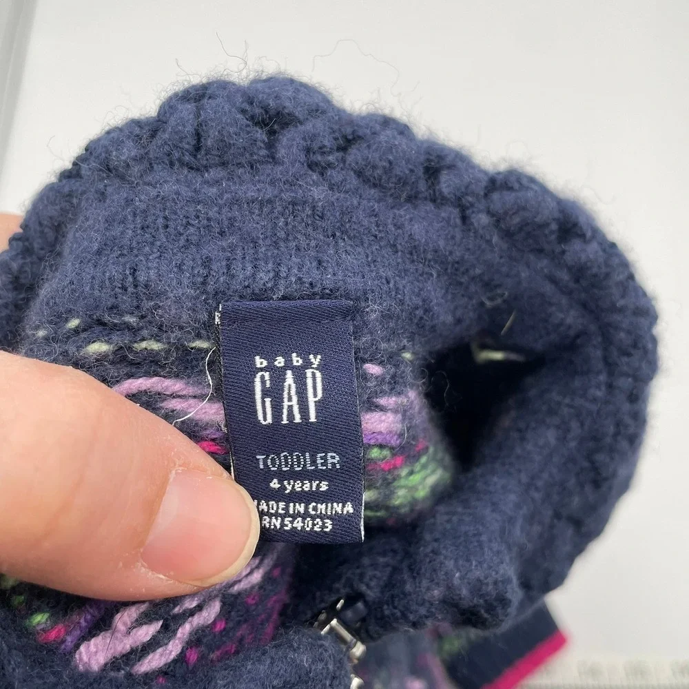 Vtg Y2k Baby Gap Toddler Girls Fair‎ Isle Wool Blend Zip Up Sweater Navy Pink 4T